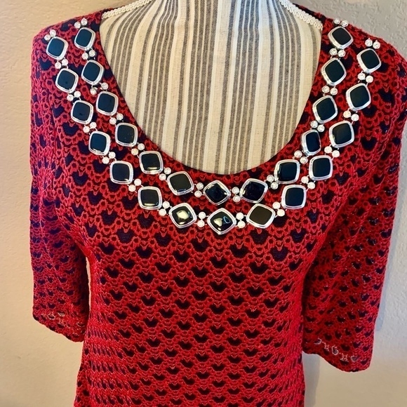 Tunic Top Large La Vanya Embroidered Lace Red Black Beaded Embellishments Classy - Picture 3 of 16